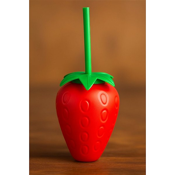 Copo Com Canudo Formato Fruta Morango Vermelho Verde 500ml