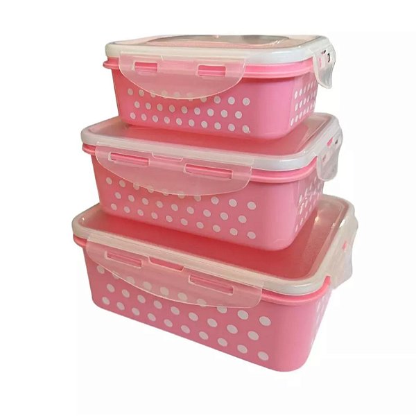 Kit 3 Potes Retangulares Herméticos Com Trava Linha Poá FUY