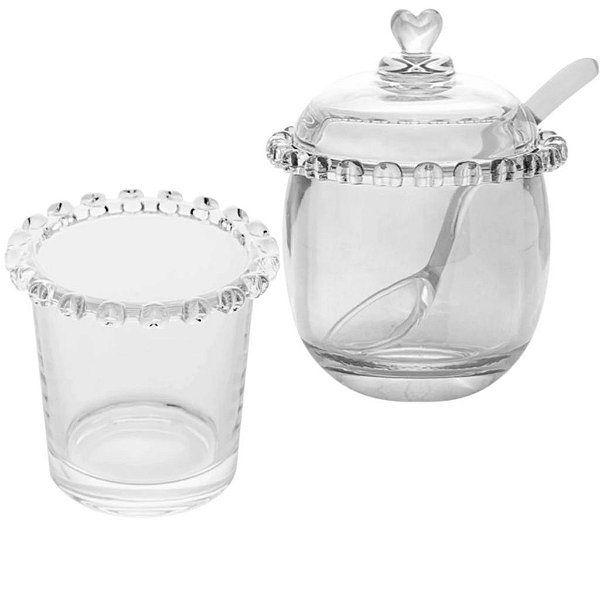 Kit Porta Talher + Açucareiro de Vidro e Colher Coração Lyor