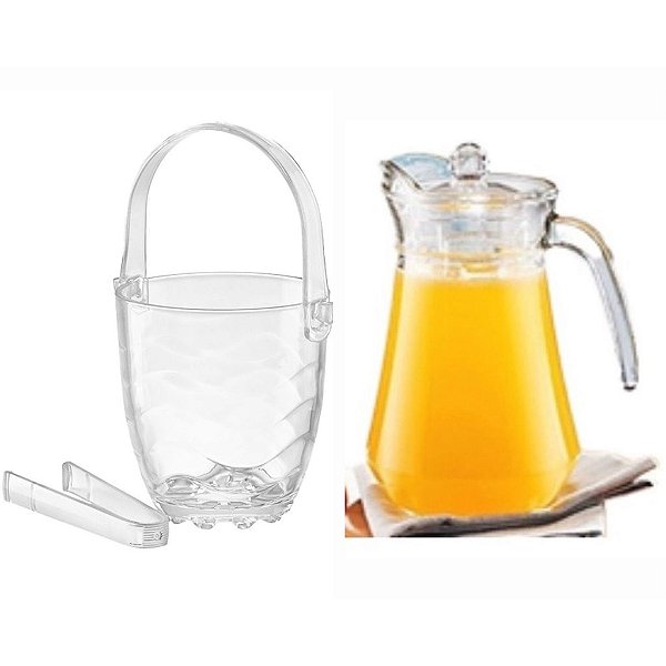 Kit Balde de Gelo com Alça e Pinça + Jarra de Vidro 1.6 Lts