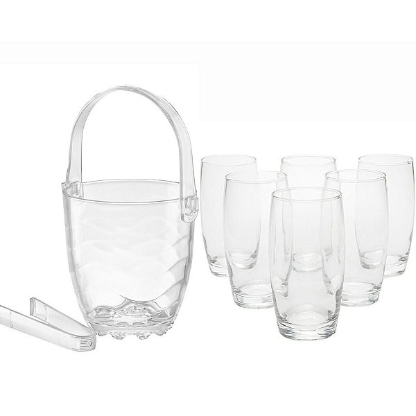 Kit 6 Copos Oca 300ml + Balde De Gelo Vidro Com Alça e Pinça