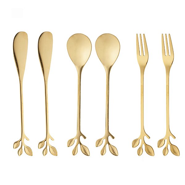 Kit 6 Talheres Garfo Colher Espátula Aço Inox Leaves Wolff