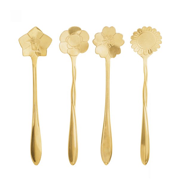Kit 4 Colheres de Chá de Aço Inox Dourado Flores Wolff