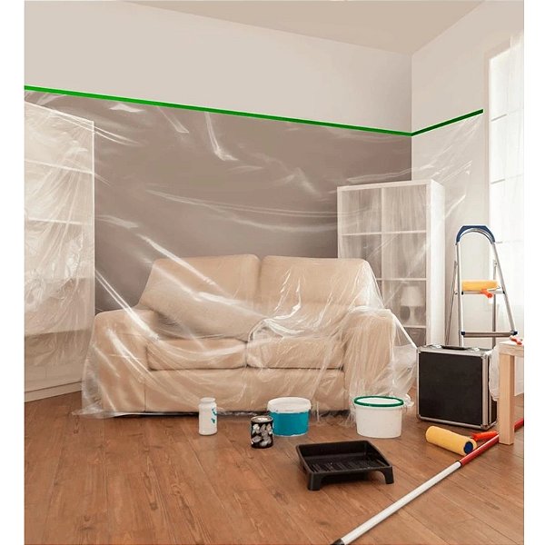 Plástico Lona Com Fita Adesiva 2,40x11Mts Proteção Pintura Móveis