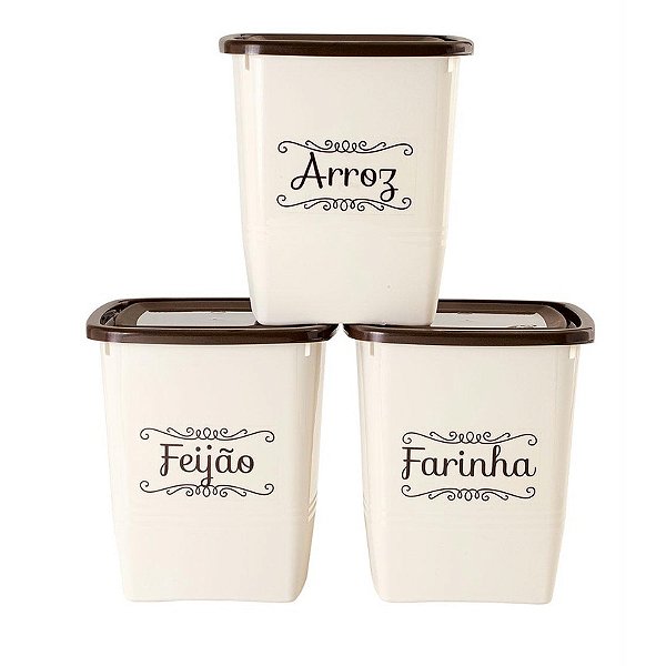 Kit 3 Potes Arroz Feijão e Farinha Altos Bege Com Tampa