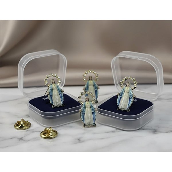 Kit 12 Broches Nossa Senhora das Graças Metal com Pedras + Caixinha