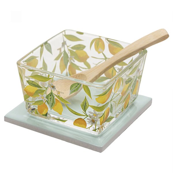 Kit Petisqueira Vidro + Colher Bambu + Suporte de Cerâmica Limão Siciliano C956