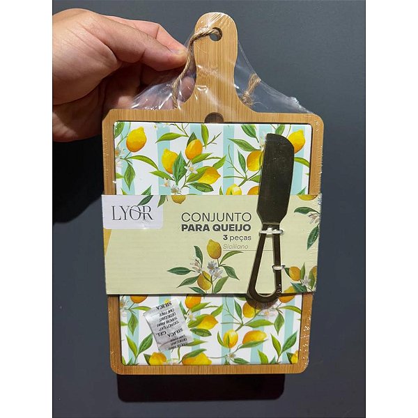 Kit Tábua Bambu Bandeja Cerâmica Faca Dourada Siciliano 3 Peças C953