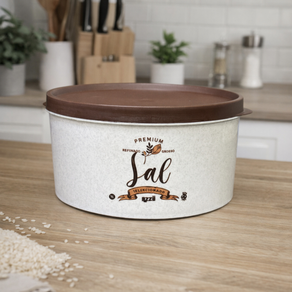 Pote Para Sal Saleiro Redondo Premium 1L Branco Tampa Marrom R4700