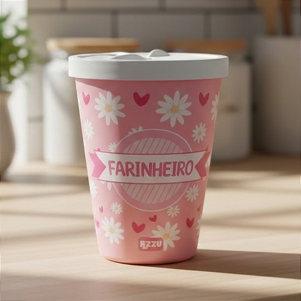 Farinheiro Organizador Redondo Rosa Tampa Branca Floral C6320