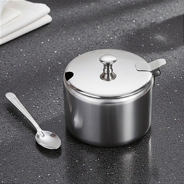 Açucareiro com Colher Aço Inox Redondo Para Cozinha Restaurantes AX200