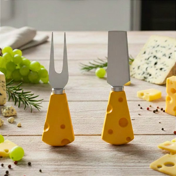 Kit Garfo + Faca Para Queijos e Frios Inox Formato Queijo 12,3cm C87