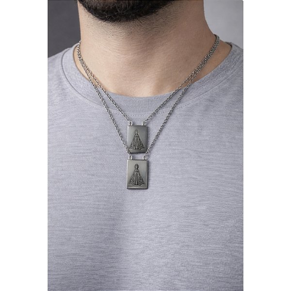 Escapulário Aço Inox Prateado Retangular Nossa Senhora Aparecida C12