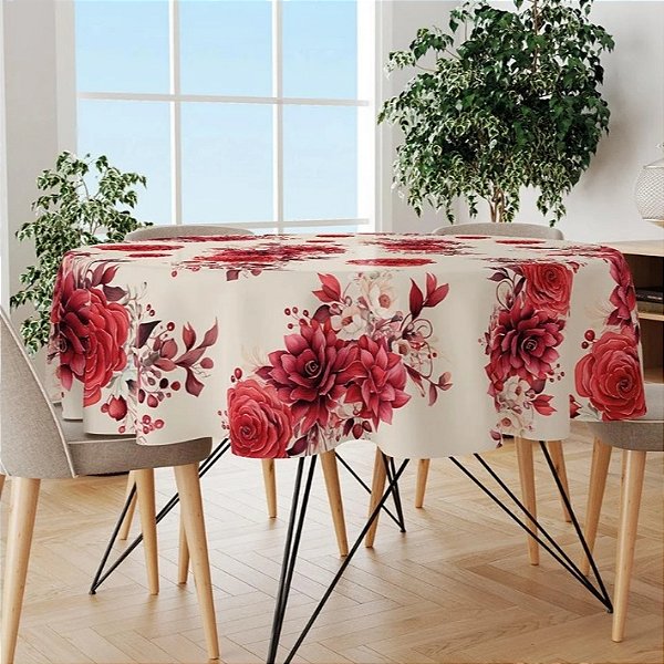 Toalha de Mesa Redonda Bege Estampa de Rosas Vermelhas C5291