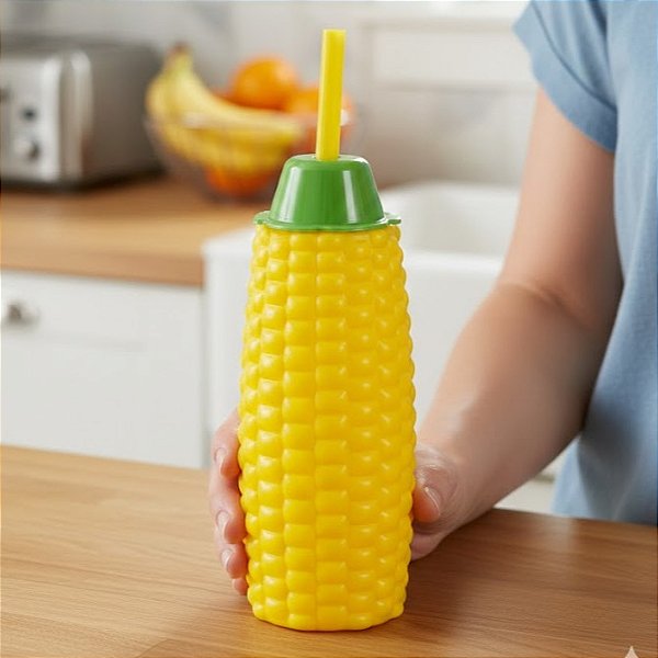 Copo Com Canudo Amarelo Verde Milho Divertido 300ml