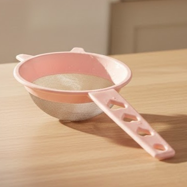 Peneira Multiuso de Plástico Cabo Detalhe Coração Rosa P 9cm