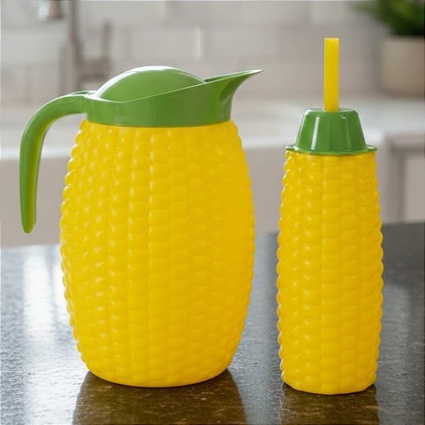 Kit Jarra Para Suco 1,5L + Copo com Canudo 300ml Milho Divertido
