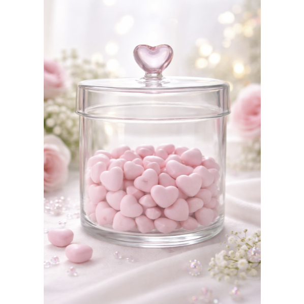 Pote de Vidro Borossilicato Redondo com Tampa Coração Rosa 650ml