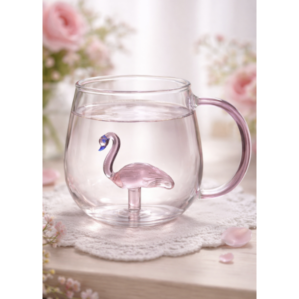 Caneca Xicara de Vidro Borossilicato Flamingo e Alça Rosa 3D 350ml C48