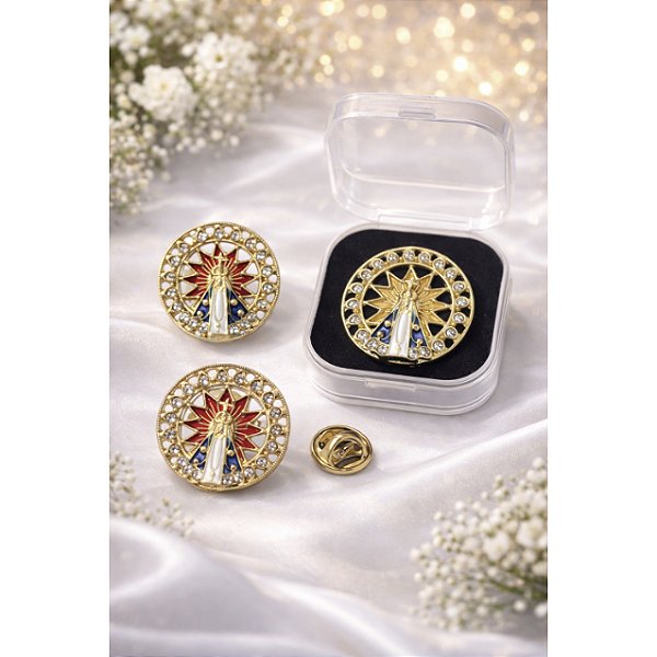 Broche Redondo Nossa Senhora Aparecida Com Pedras + Caixinha