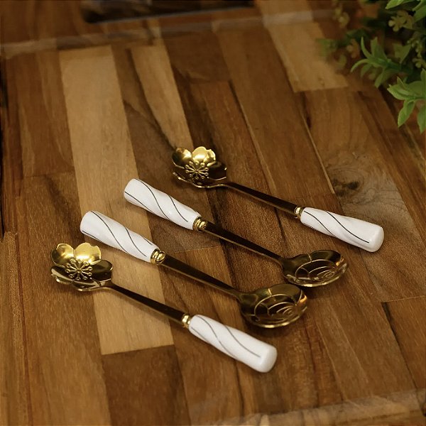 Kit 4 Colheres Inox Cabo Cerâmica Dourado Branco Flowers Wolff C84
