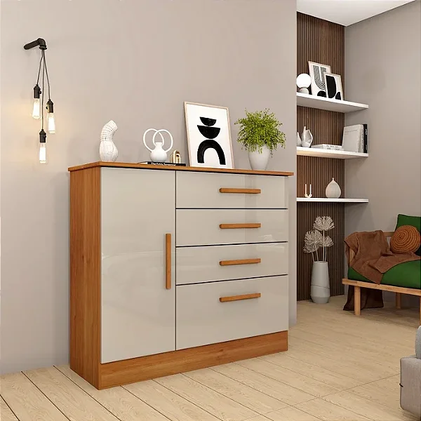 Cômoda Chicago 4 Gavetas 1 Portas Tcil Cinamomo/ off white