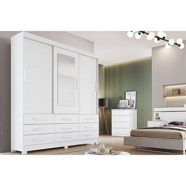 Guarda Roupa  Buriti 3 Portas e 9 Gavetas C/ Espelho Novo Horizonte Branco