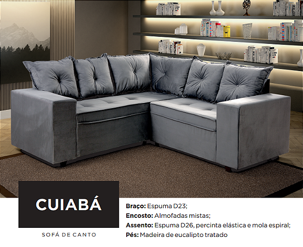 Conjunto Sofá de Canto Cuiabá 2x3 lugares Pam Estofados Veludo Cinza Escuro