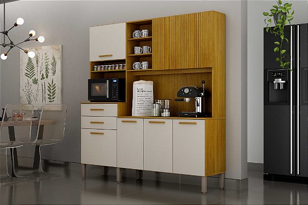 Armário de Cozinha New Lion 7 Portas 2 Gavetas CHF Cinamomo/Off white/Acetinado