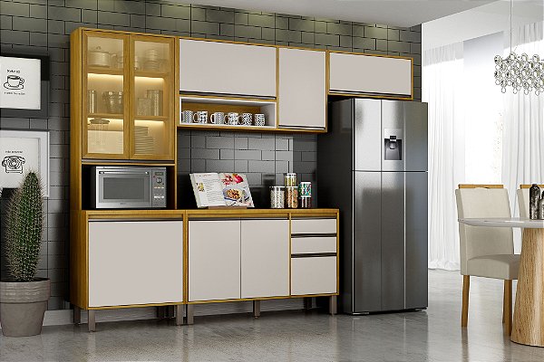 Armário de Cozinha com Cristaleira Eduarda Plus 4 Peças CHF Cinamomo/Off white
