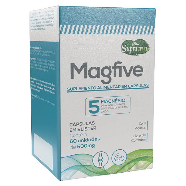 5 Magnésios em 1 Magfive 60 Cápsulas Supra Ervas Dura 30 dias