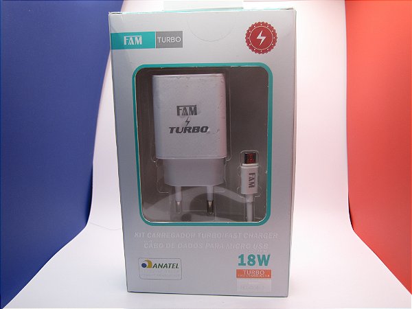 Carregador de Celular Turbo/Fast Charger/QC3.0 18W, com Cabo Micro USB, marca FAM, modelo FKT-Q1812.