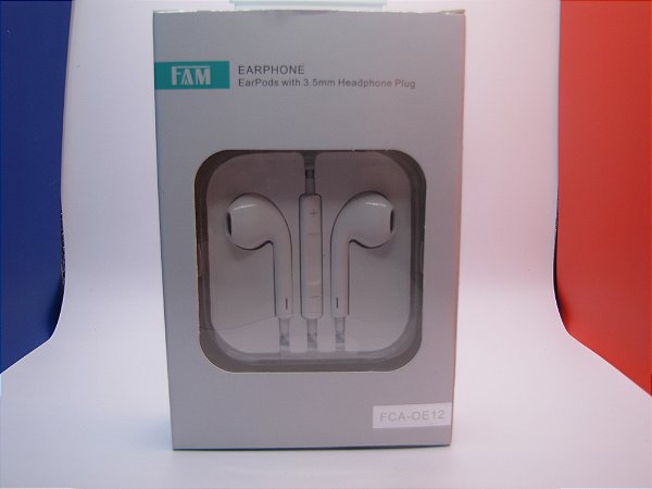 Fone de Ouvido Intra-Auricular, com Microfone e controle de volume no cabo, marca FAM, modelo FCA-OE12.