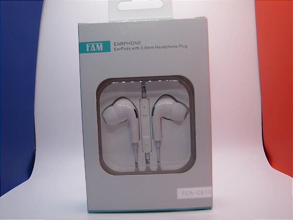 Fone de Ouvido Intra-Auricular, com Microfone e controle de volume no cabo, marca FAM, modelo FCA-OE13.