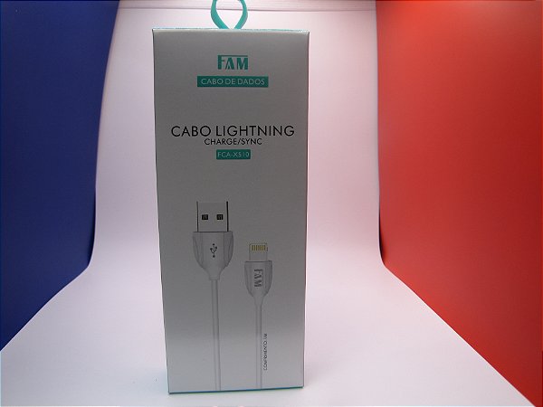 Cabo de carregamento/dados para iPhone, 1m, USB/Lightning, marca FAM, modelo FCA-X510.