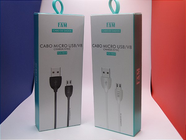 Cabo de carregamento/dados para celular, 1m, USB/Micro USB, marca FAM, modelo FCA-X810.