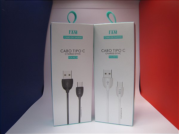 Cabo de carregamento/dados para celular, 1m, USB/Tipo C, marca FAM, modelo FCA-XC10.