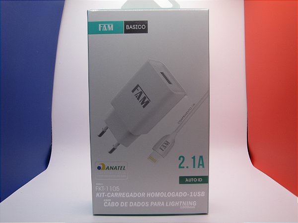 Carregador de Celular 5v/2.1A para iPhone, com Cabo USB/Lightning, marca FAM, modelo FKT-1105.