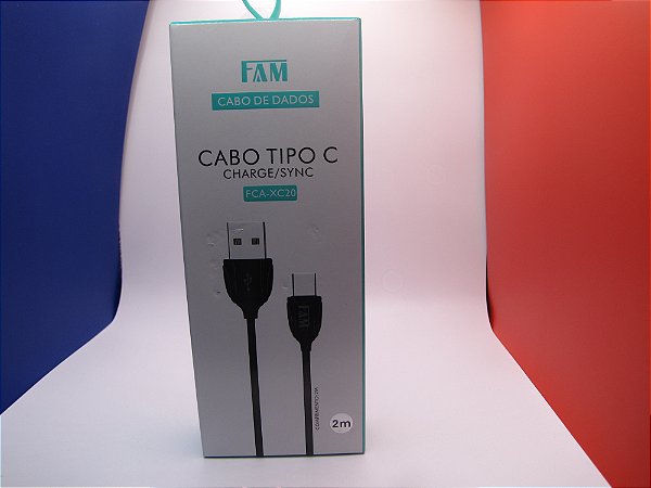 Cabo de carregamento/dados 2m, para Celular, USB/Tipo C, marca FAM, modelo FCA-XC20.