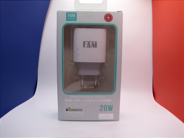 Carregador de Celular Turbo/Fast Charger, com 2 saídas PD / QC 3.0, 20W, marca FAM, modelo FCA-PD29.