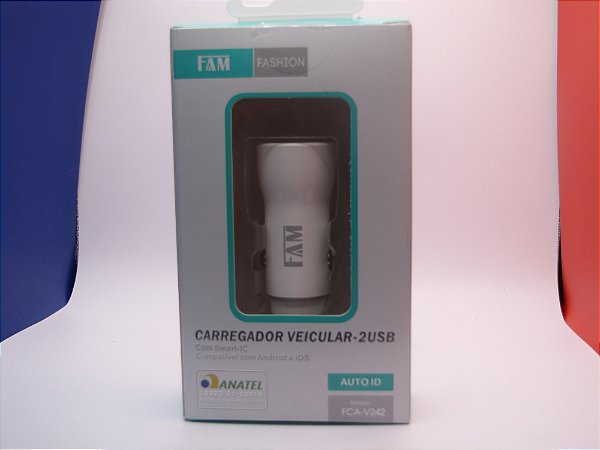 Carregador Veicular para Celular 5v/2.4A, marca FAM, modelo FCA-V242.