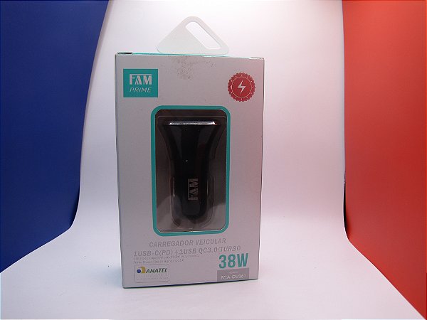 Carregador Veicular para Celular, Super Turbo/Fast Charger com 2 saidas PD/QC 3.0 38W, marca FAM, modelo FCA-QV361.