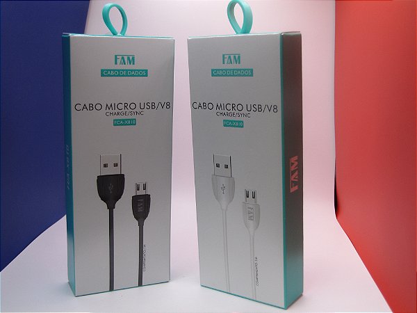 Cabo de carregamento/dados para celular, 3m, USB/Micro USB (V8), marca FAM, modelo FCA-X830.