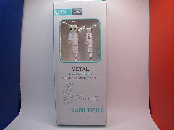 Cabo em Metal para carregamento/dados, USB/Tipo C 1m, marca FAM, modelo FCA-RC12.
