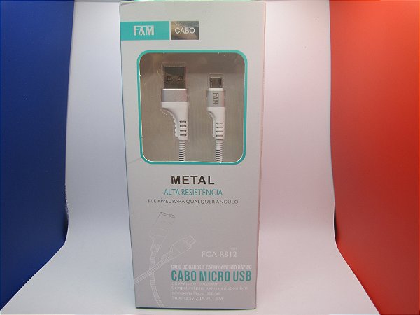 Cabo de carregamento/dados 1m, Metal, para Celular, USB/Micro USB, marca FAM, modelo FCA-R812.