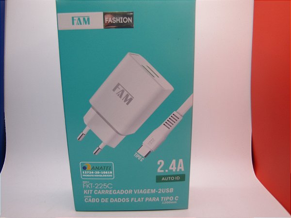 Carregador de Celular 5v/2.4A, com Cabo USB/Tipo C, marca FAM, modelo FKT-225C