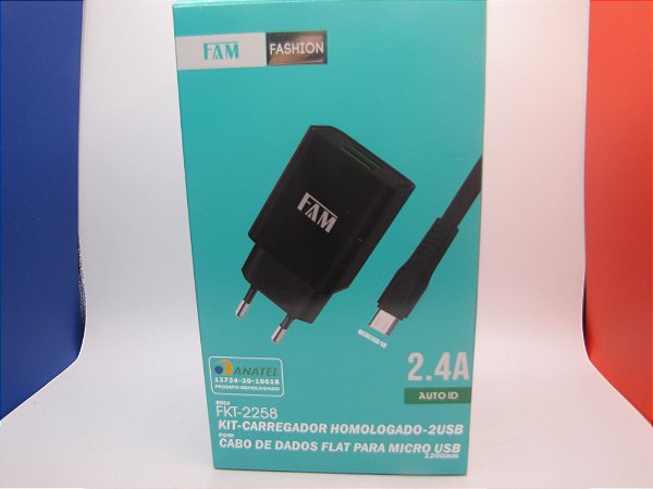 Carregador de Celular 5v/2.4A, com Cabo USB/Micro USB, marca FAM, modelo FKT-2258
