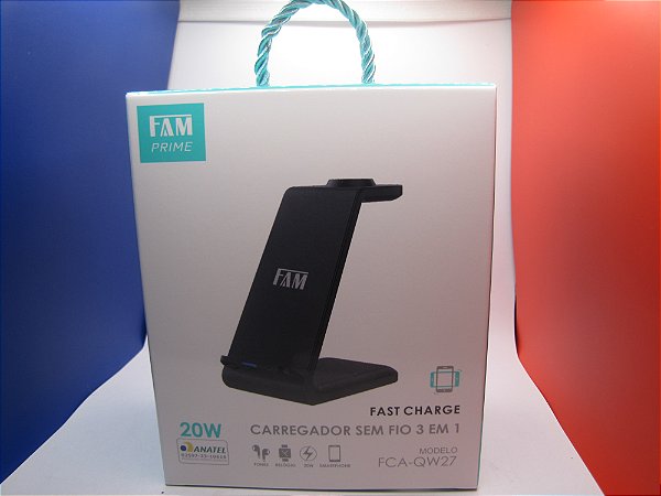 Carregador sem Fio Multifuncional de mesa, FAST CHARGER, 20W, marca FAM, modelo FCA-QW27.