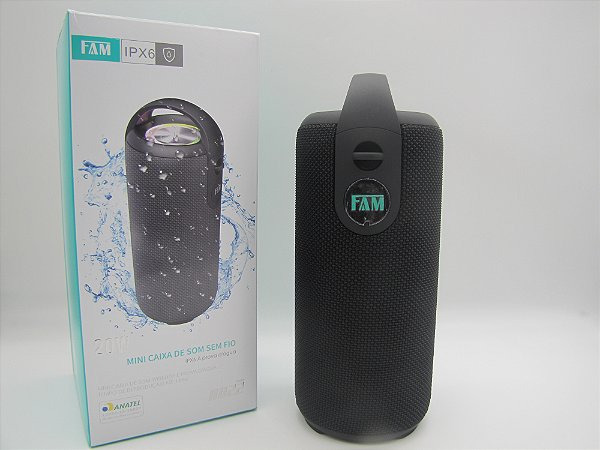 Caixa de Som Portátil, com Luz de LED, Wireless / Bluetooth 5.0 Ipx6, marca FAM, modelo A022, potência 20w.