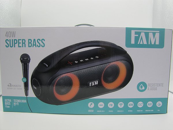 Caixa de Som Portátil, Bluetooth 5.1 Ipx6, Luz de LED, Rádio, marca FAM modelo A045, potência 40W.